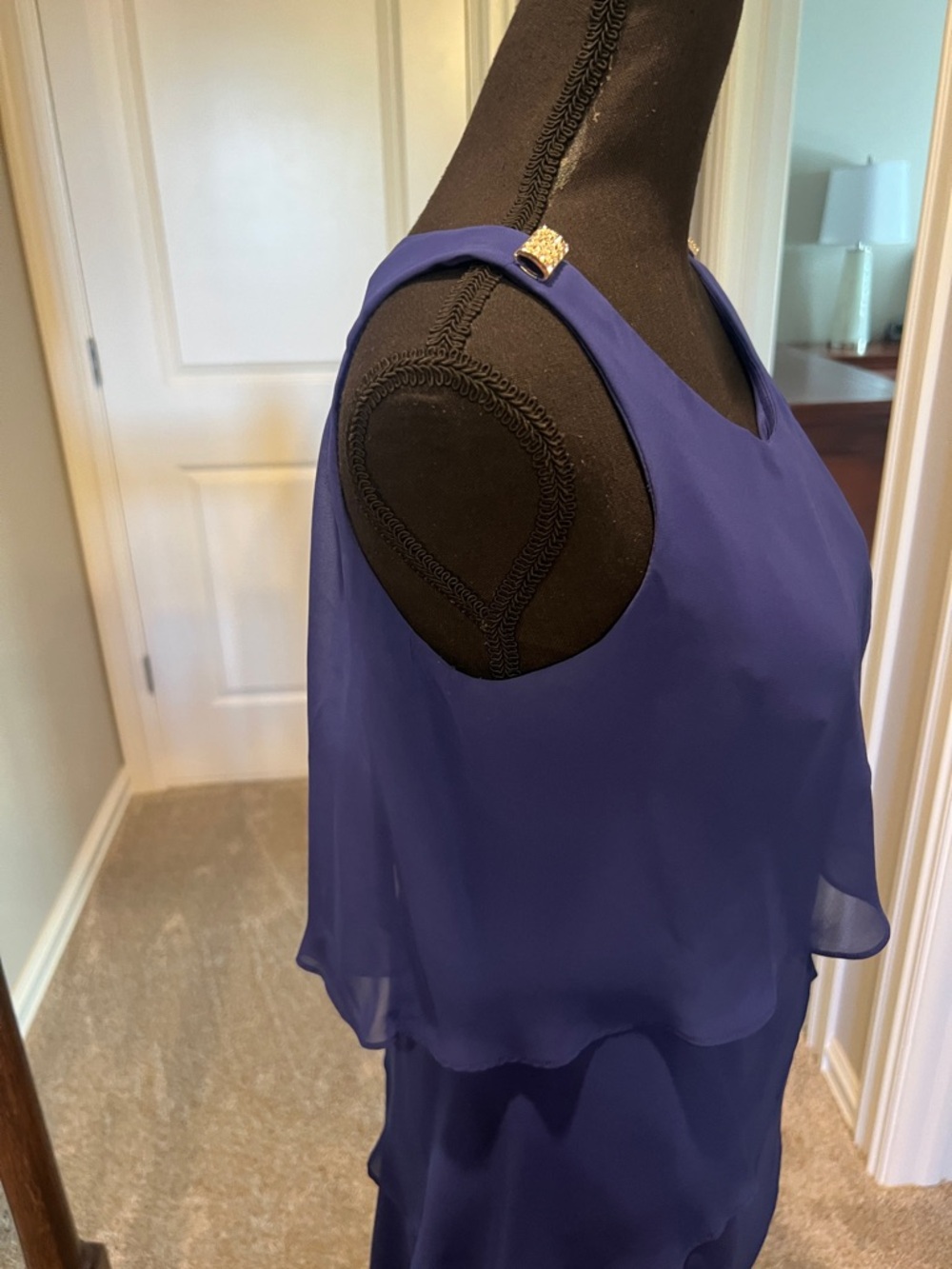 Elegant Royal Blue Tiered Chiffon Midi Dress with Embellished Straps - Picture 7 of 10